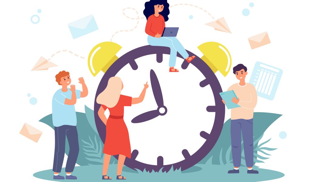 Tiny people sitting on huge clock isolated flat vector illustration. Cartoon multitasking men and women working at morning. Time management and business concept